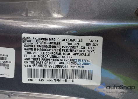 2014 Honda Odyssey Lx from USA, damaged, VIN 5FNRL5H27EB089589